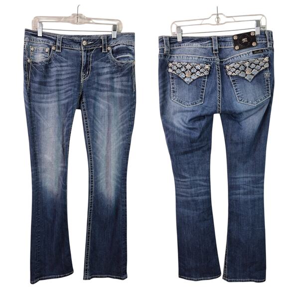 Miss Me Signature Rise Boot Cut Sequin Bling Flap Pocket Blue Jeans 30 x 34 - Picture 1 of 3
